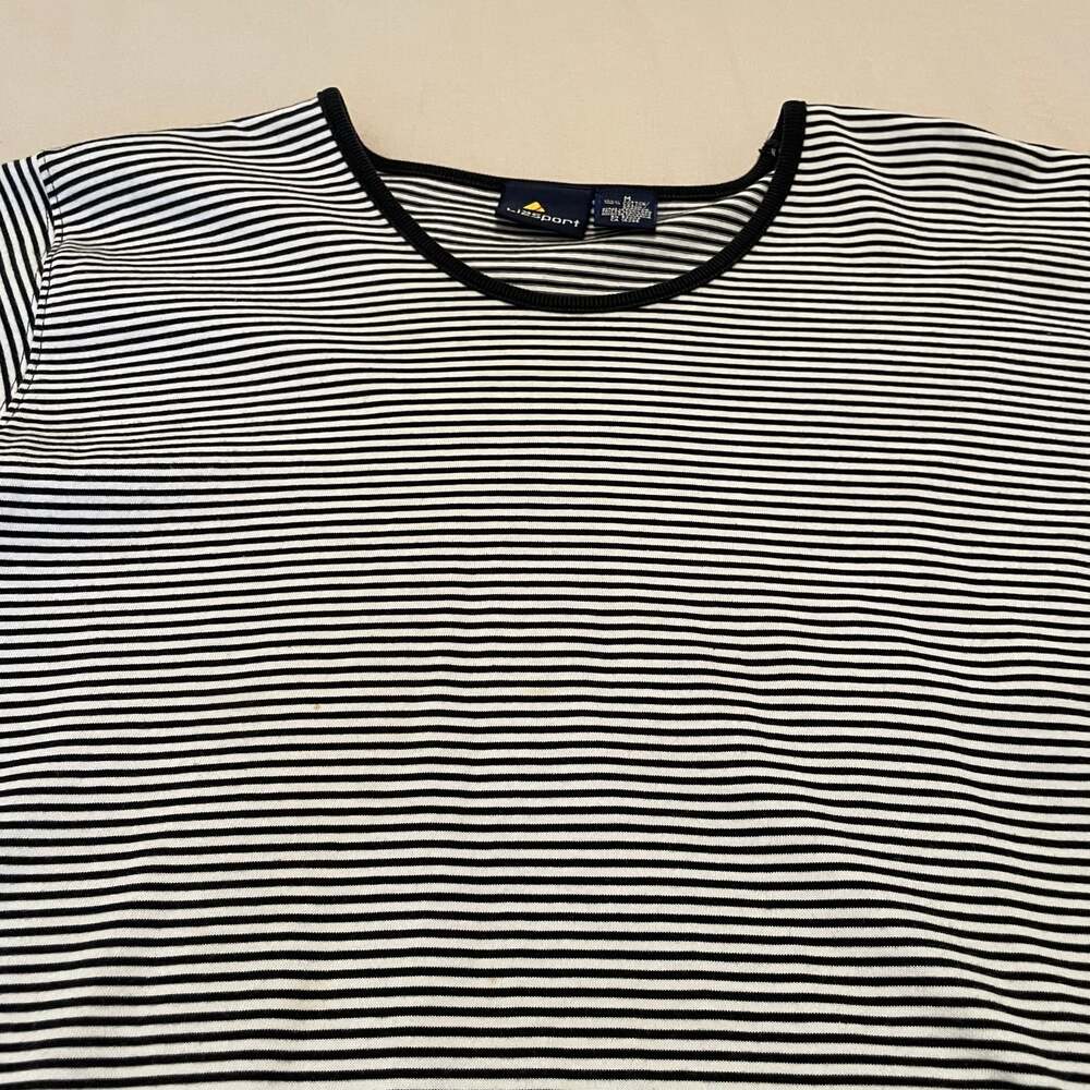 Vintage 1990 90s Liz Sport Black White Stripe Cotton Rayon T-Shirt SzM